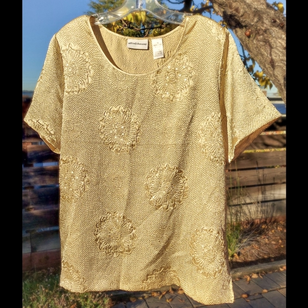 Vintage Alfred Dunner Metallic Satin Gold Floral Sequin Textured Top 90s 80s